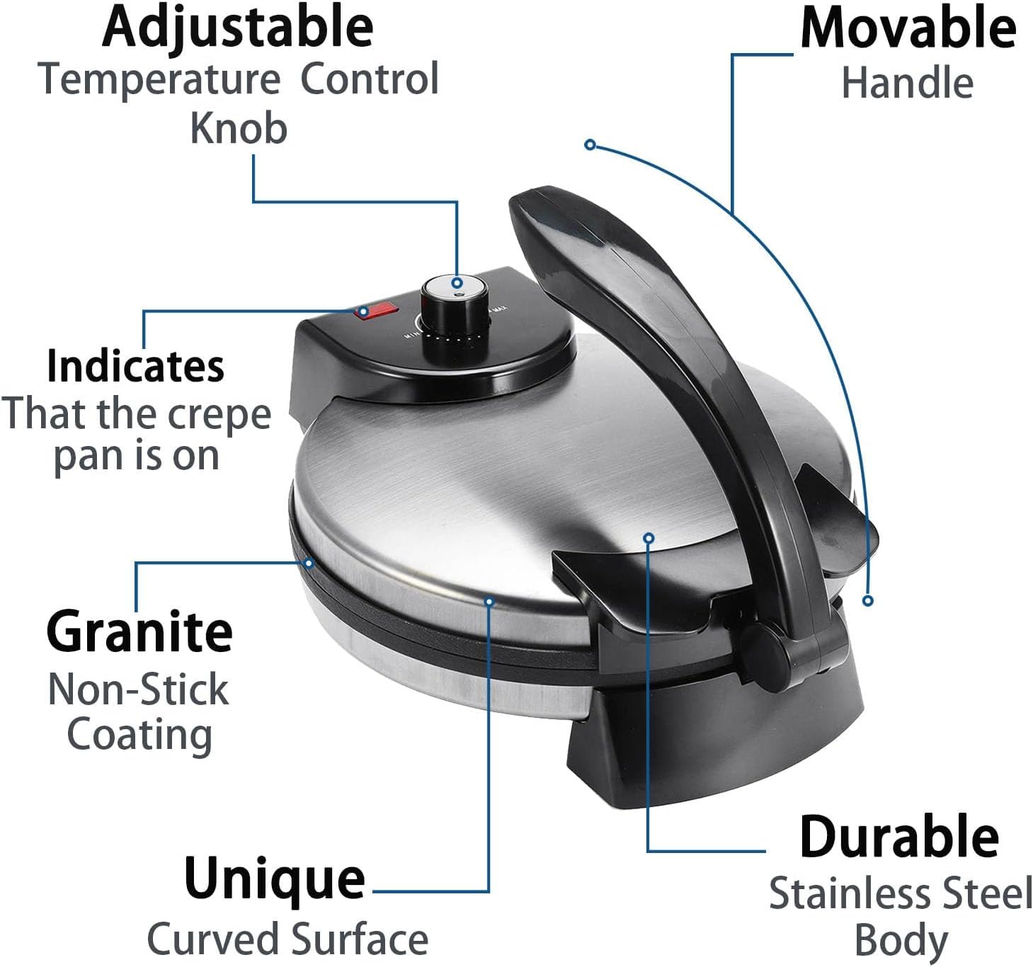 Electric Roti Maker Electric Tortilla Maker 10 Inch Electric Automatic Chapati Maker Stainless Steel Non-Stick Electric Tortilla Press with Removable Handle Can Make Chapati, Tortilla, Roti