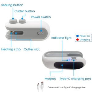 Mini Bag Sealer 2 Pack Bag Sealer with Cutter and Magnet 2 in 1 Mini Bag Resealer Machine Portable Handheld Rechargeable Heat Vacuum Food Sealer for Plastic Bags Snacks & Food Storage (2, white＆blue)