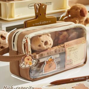 NAPIMICO Clear Pencil Case with Cute Capybara Plush and Pins Aesthetic Pencil Pouch Cute Office Stationary Makeup Bag Cute Stationery (Brown)