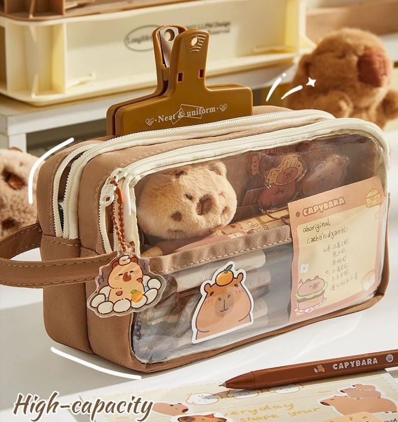 NAPIMICO Clear Pencil Case with Cute Capybara Plush and Pins Aesthetic Pencil Pouch Cute Office Stationary Makeup Bag Cute Stationery (Brown)