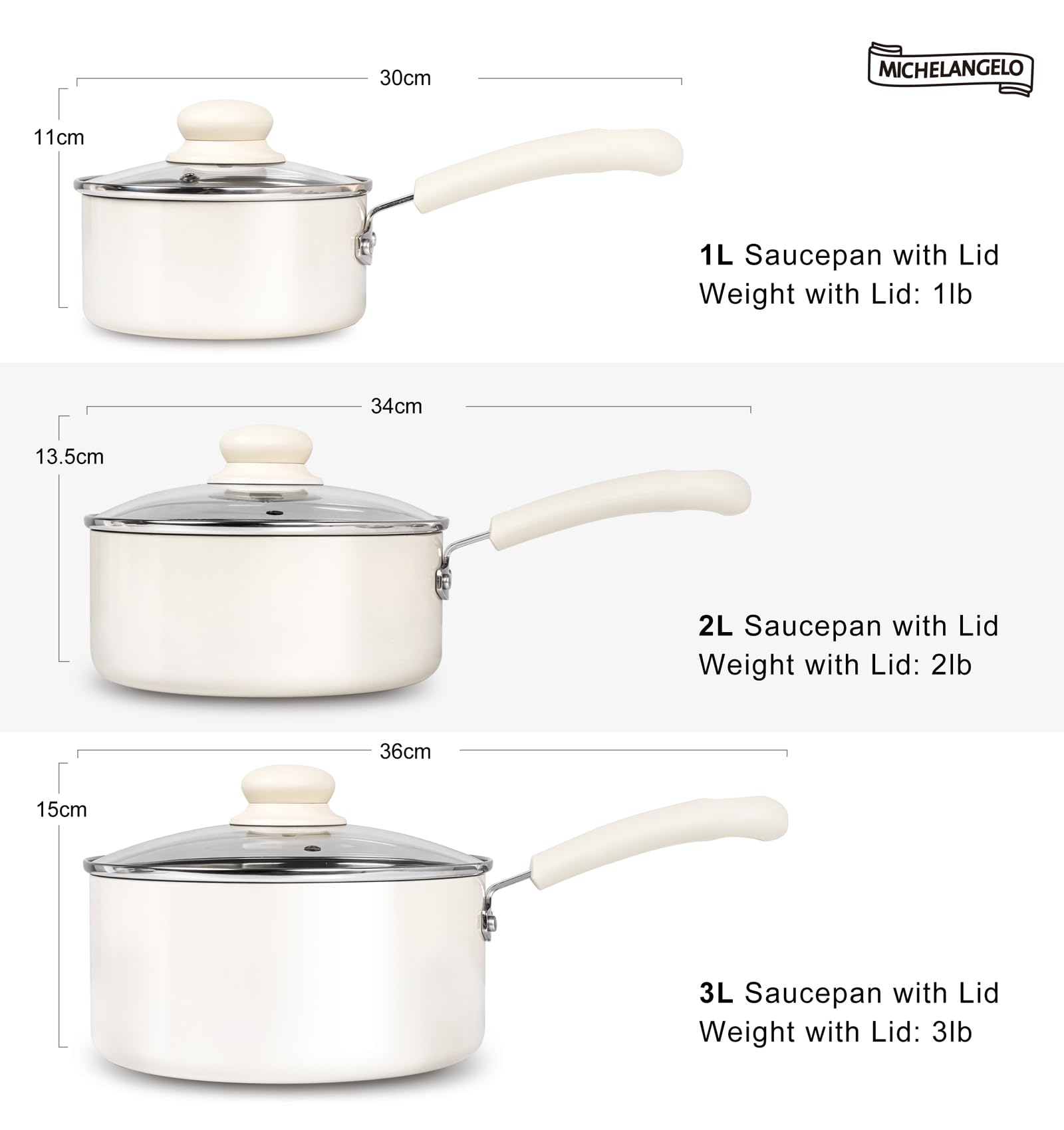 MICHELANGELO Sauce Pan With Lid, 3QT Ceramic Saucepans, Nonstick Saucepan, PFAS-FREE Pot, Small Pots For Cooking, Multipurpose Cooking Pots, White