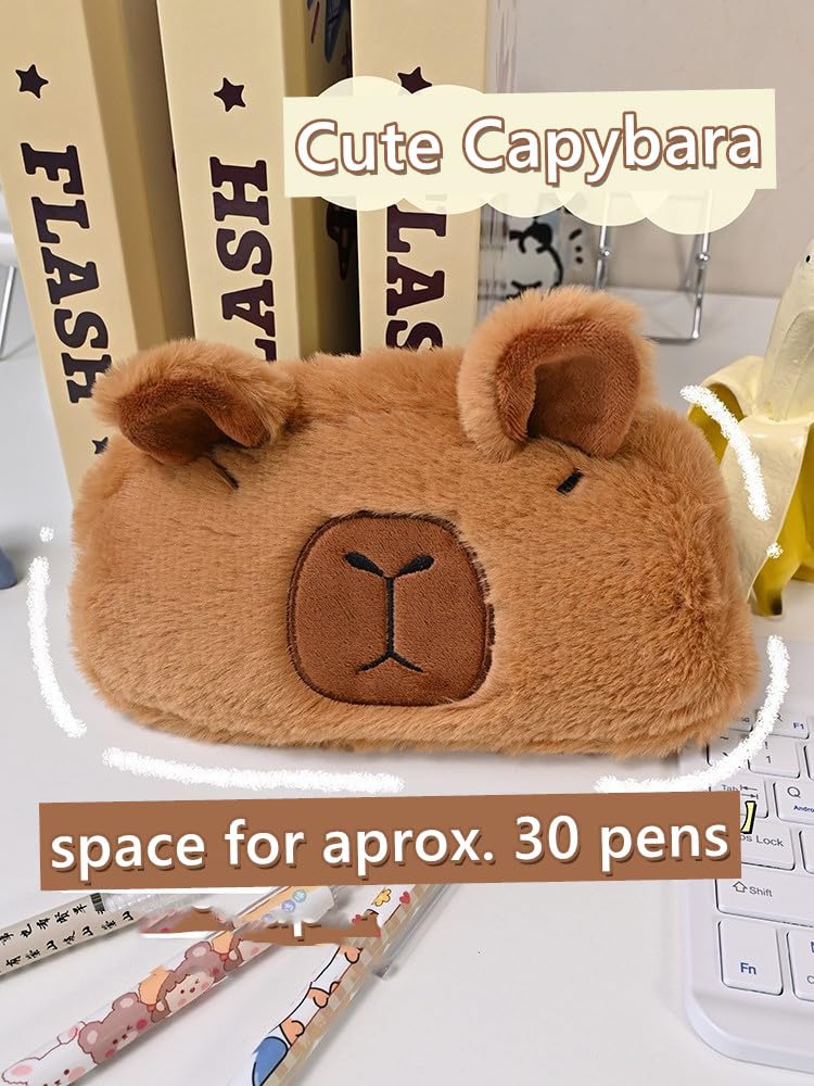 NAPIMICO Cute Plush Pencil Case Kawaii Capybara Pencil Pouch Makeup Bag Large Capacity Cosmetic Bag Aesthetic Cute Stationery (Brown)