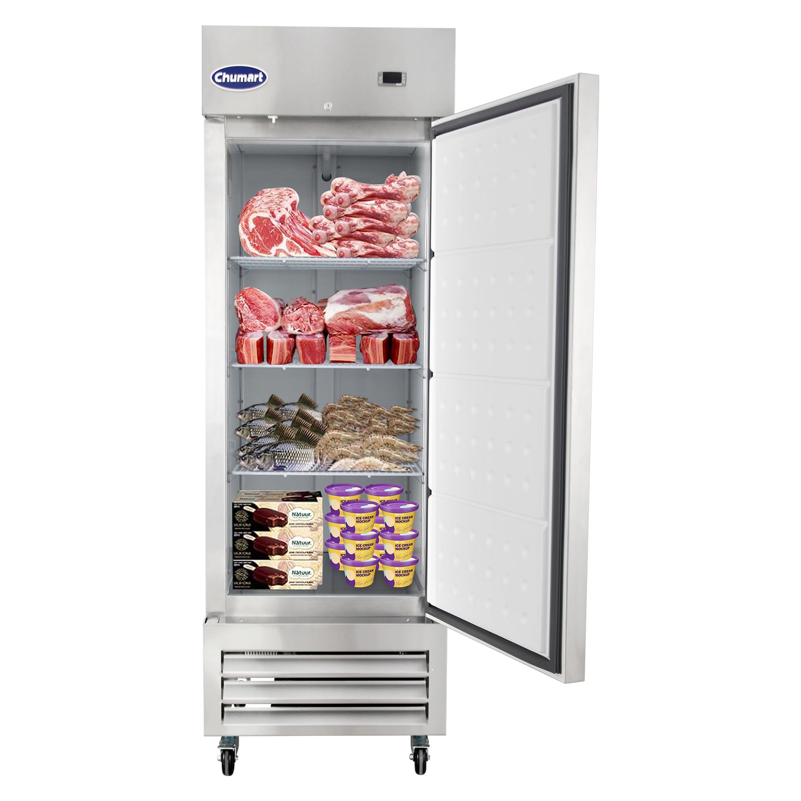 CHUMART 27" Commercial Freezer with Single Solid Door, 23 Cu.ft Fan Cooling Stainless Steel Upright Freezer, LED Lighting, 3 Shelves for Restaurant, Commercial Kitchen, Home,Bar, Shop, etc