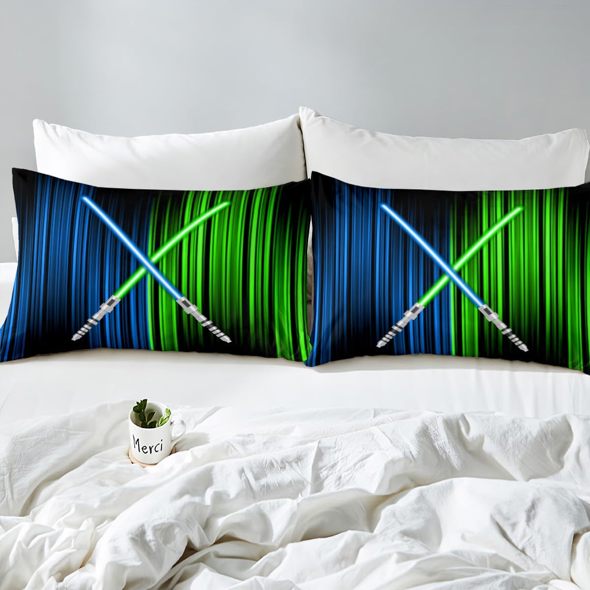 Feelyou Lightsaber Bedding Duvet Cover Set Kids Ombre Blue Green Reversible Bedding Set Abstract Comforter Cover Set for Room Decor Modern Striped Art Bedspread Cover Full Size with 1 Pillow Case