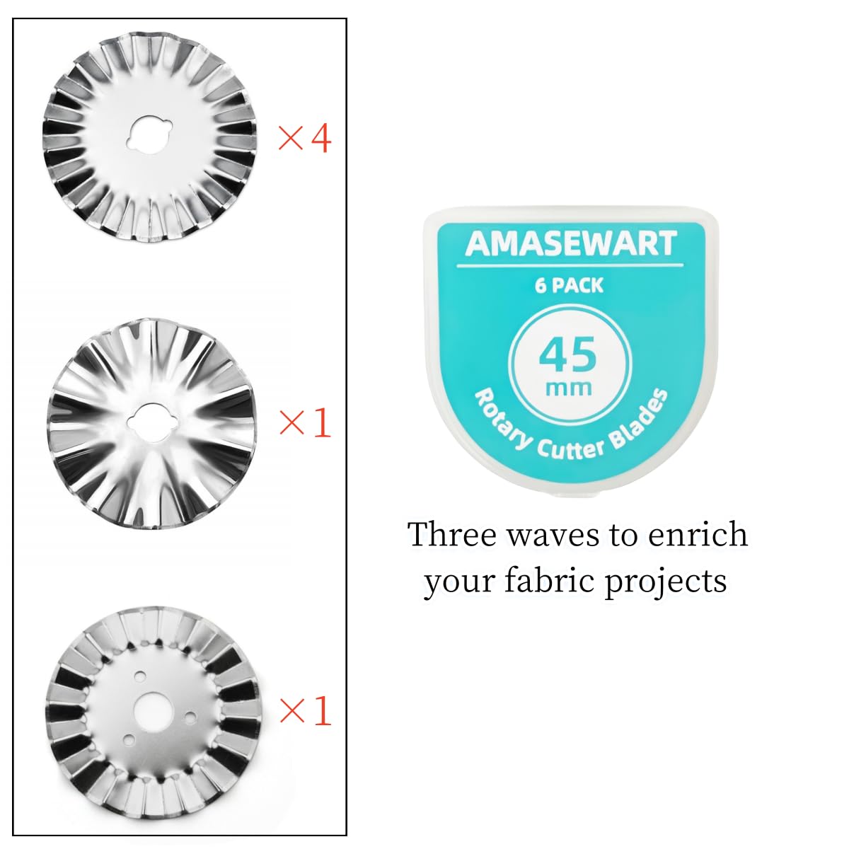 AMASEWART 6 Pack 45mm Pinking Rotary Cutter Blades, Wave Rotary Blades, Decorative Rotary Blades for Quilting,Sewing and Arts & Crafts