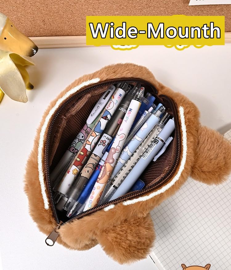 NAPIMICO Cute Plush Pencil Case Kawaii Capybara Pencil Pouch Makeup Bag Large Capacity Cosmetic Bag Aesthetic Cute Stationery (Brown)