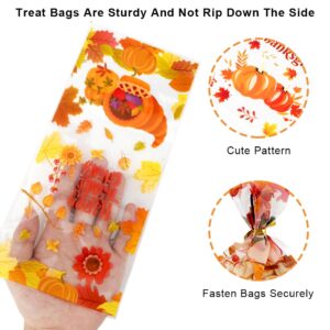 100 Pack Thanksgiving Treat Bags, Fall Treat Bags, Thanksgiving Candy Bags Plastic Cellophane Goodie Bags Autumn Pumpkin Maple Leaves Cookie Gift Bags with Twist Thanksgiving Day Party Favors Supplies