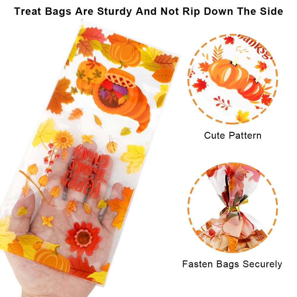 100 Pack Thanksgiving Treat Bags, Fall Treat Bags, Thanksgiving Candy Bags Plastic Cellophane Goodie Bags Autumn Pumpkin Maple Leaves Cookie Gift Bags with Twist Thanksgiving Day Party Favors Supplies