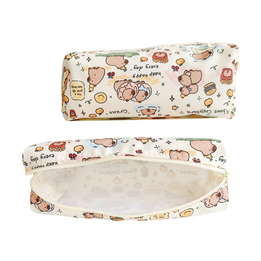 NAPIMICO Cute Small Pencil Pouch Kawaii Pencil Case Canvas Capybara Makeup Bag Aesthetic Stationery Organizer Pen Holder (Beige)