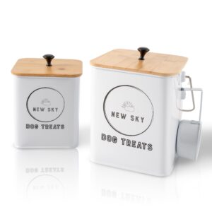 newsky dog treat container | dog treat jar set of 2 with airtight wooden lid | dog treat canister and storage 7.8x6.2 & 7.3x5.5 | dog cookie jar for kitchen counter - pet treat container – white