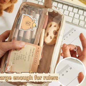 NAPIMICO Clear Pencil Case with Cute Capybara Plush and Pins Aesthetic Pencil Pouch Cute Office Stationary Makeup Bag Cute Stationery (Brown)