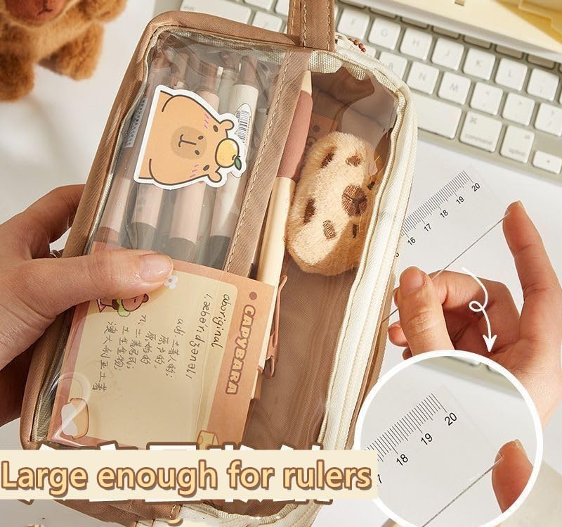 NAPIMICO Clear Pencil Case with Cute Capybara Plush and Pins Aesthetic Pencil Pouch Cute Office Stationary Makeup Bag Cute Stationery (Brown)