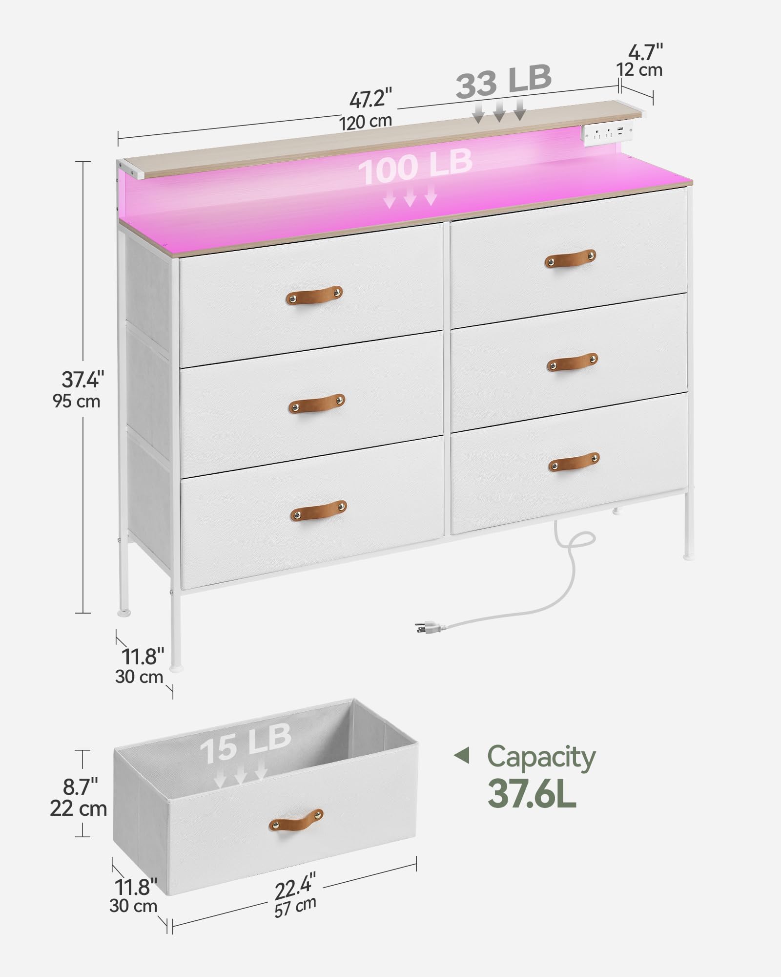 SANGMUCEN 47.2" W White Dresser for Bedroom with Charging Station and LED Lights, 6 Drawers Dresser with PU Finish, Wide Fabric Dressers for Closet, Bedroom, Hallway Entryway, Wood