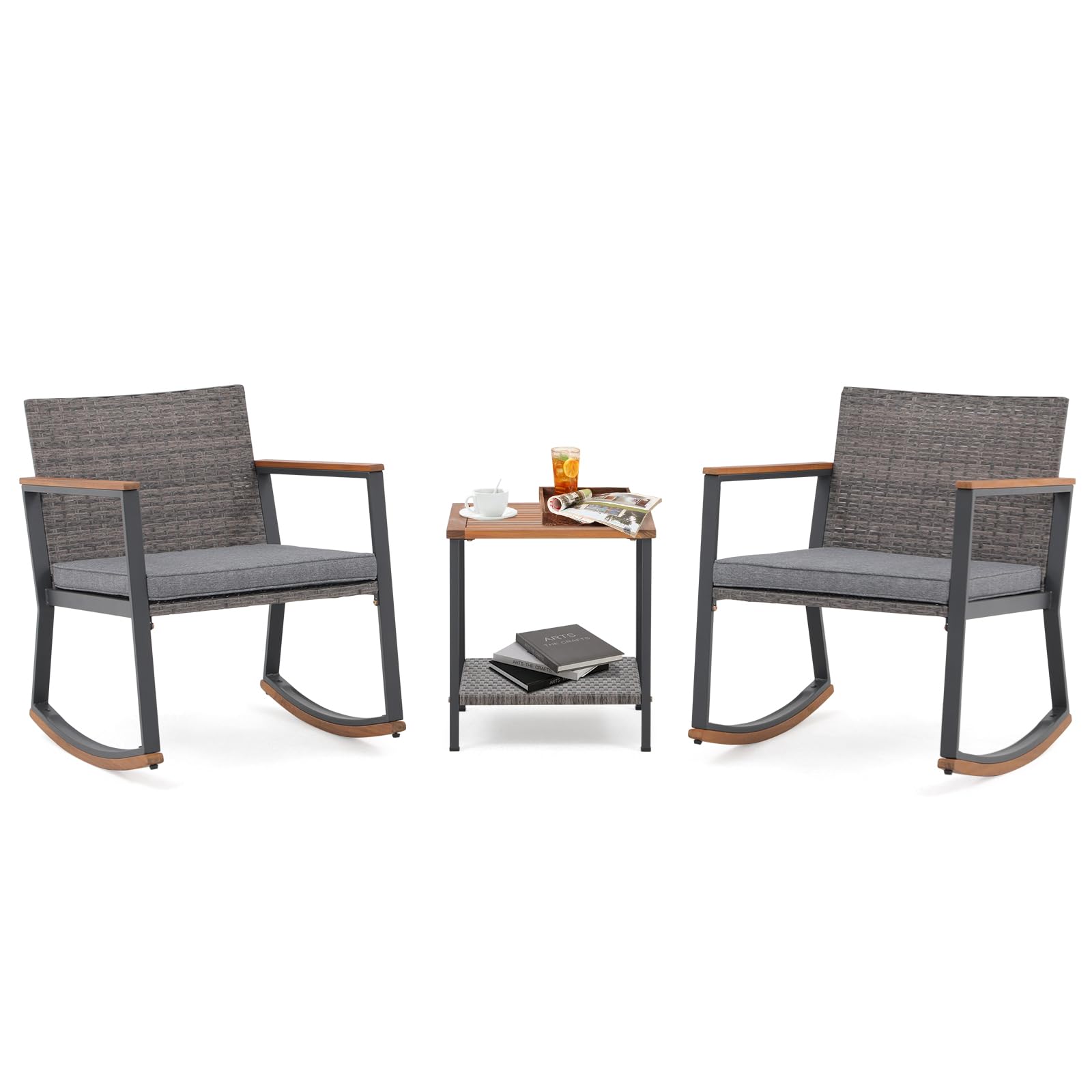 Verano Garden 3 Pieces Rocking Bistro Set, Small Wicker Patio Furniture Set with 2-Tier Coffee Table for Porch,Balcony,Yard,Garden, Light Gray