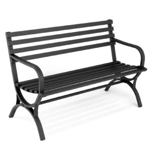 magshion metal garden bench for outdoors, 2-person slatted garden bench with armrest and backrest, 485 lbs capacity, black