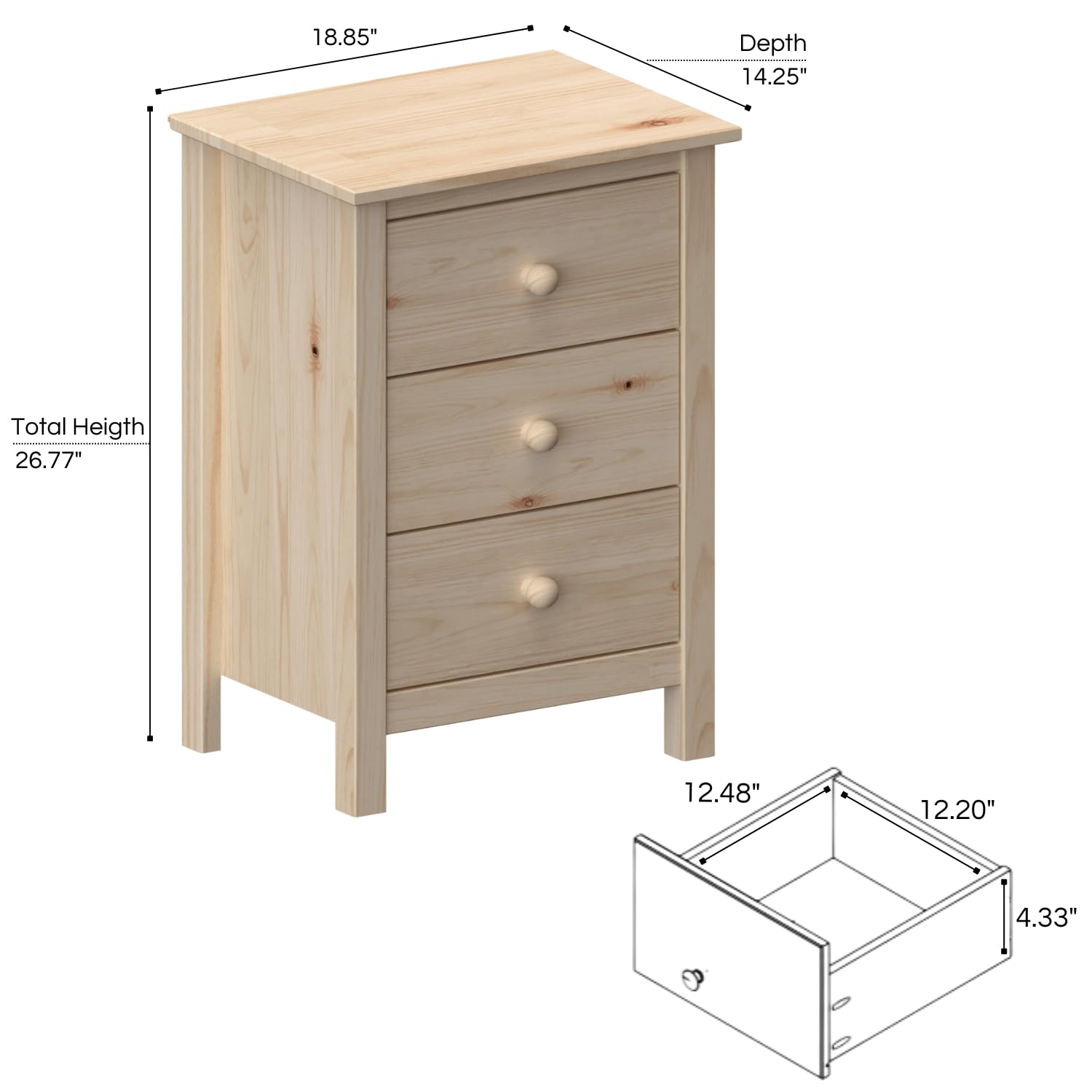 From the Tree Furniture Nightstand Tall 3 Drawer Solid Wood Unfinished - Maximize Space Elegantly with This Timeless Tall Bedroom Side Table