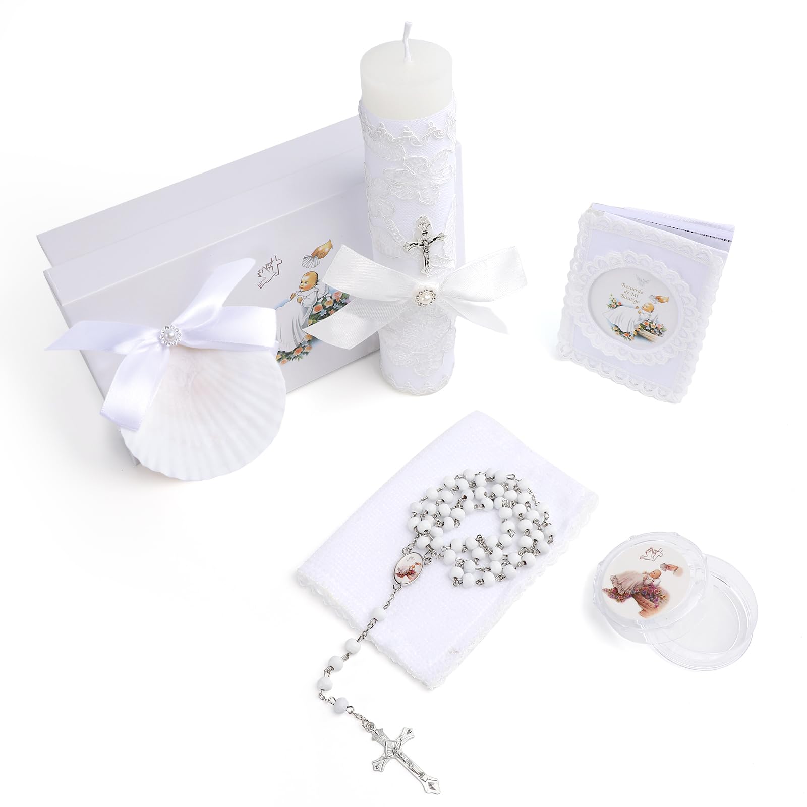 Baptism Candle Set for Boys Girls,5 PCS Baptism Kit Catholic Candle,Baptism Towel,Baptism Shell,Rosary,Bible for Baby Dedication Christening Gift,Velas para Primera Comunión De Niño Bautizo De Niña