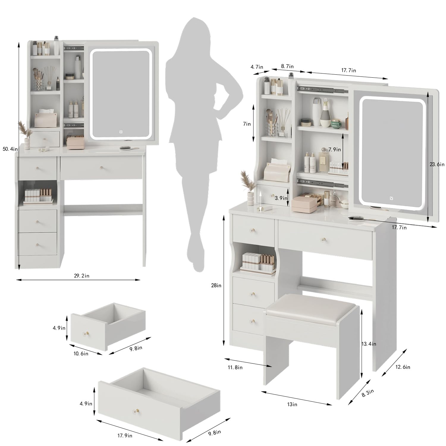 Elevon Small Makeup Vanity Desk with Sliding Mirror LED 3 Lighting Adjustable, Vanity Table Set with 5 Storage Drawer & Chair & Shelves Bedroom Furniture, White