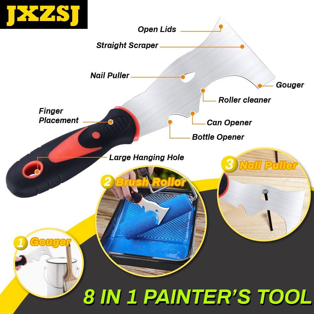 JXZSJ-Drywall Knife Set, 8 Pieces Stainless Steel Drywall Hand Tool Kit Includes Taping Knife, Putty Knives, Putty Knife Scraper, Finishing Trowel, Paint Scraper, Stainless Steel Mud Pan.