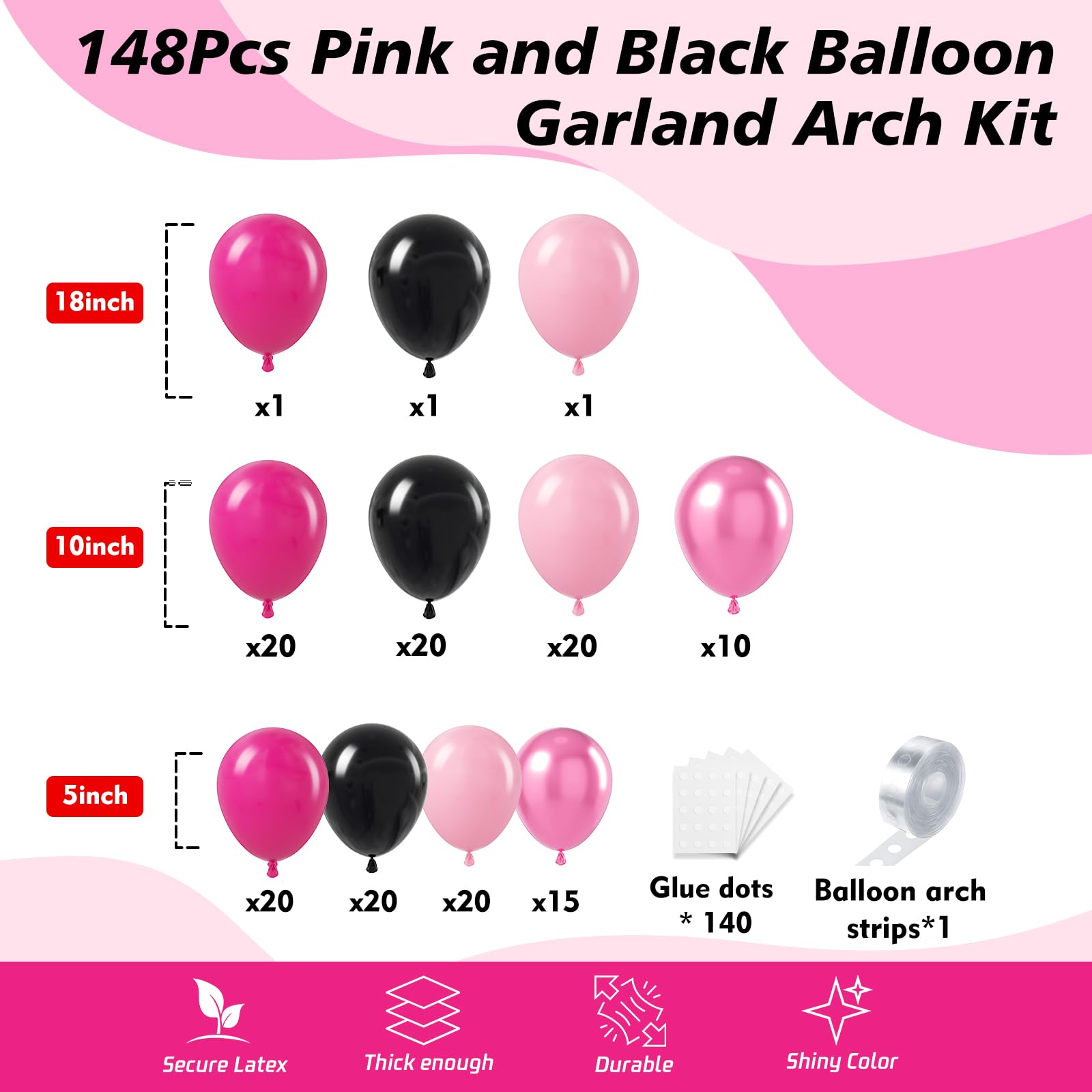 HKYOOD 148Pcs Pink and Black Balloons Garland Arch Kit - 5 10 12 18 inch Hot Pink Black Light Pink Metallic Pink Latex Balloon for Birthday Baby Shower Bridal Shower Wedding Princess Party Decorations