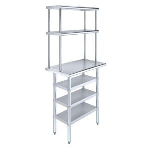 amgood 18" x 30" stainless steel work table with 3 shelves and 12" wide double tier overshelf | metal kitchen prep table & shelving combo | nsf