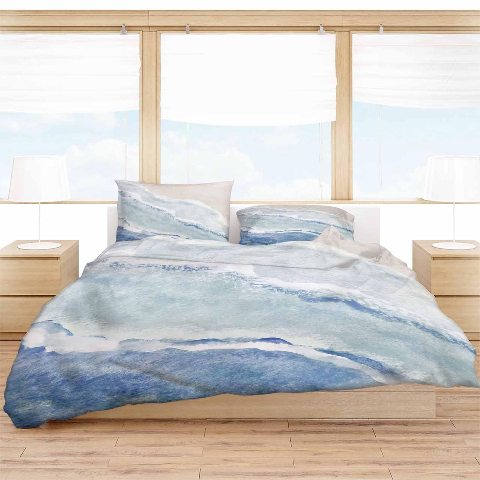 Lsrtoss Navy Blue Summer Beach California King Duvet Cover Set, Coastal Nautical Ocean Seaside Microfiber 3 Piece Bedding Set with 2 Pillowcases & 1 Quilt Cover, 92" W x 106" L, California King Size