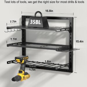 Power Tool Organizer Wall Mount, Tool Storage Rack with 4 Drill Holder, Tool Holder Bears 35lbs, Tool Shelf with Screwdriver, 3-Tier Adjustable Height Tool Rack for Garage Organization and Workshop