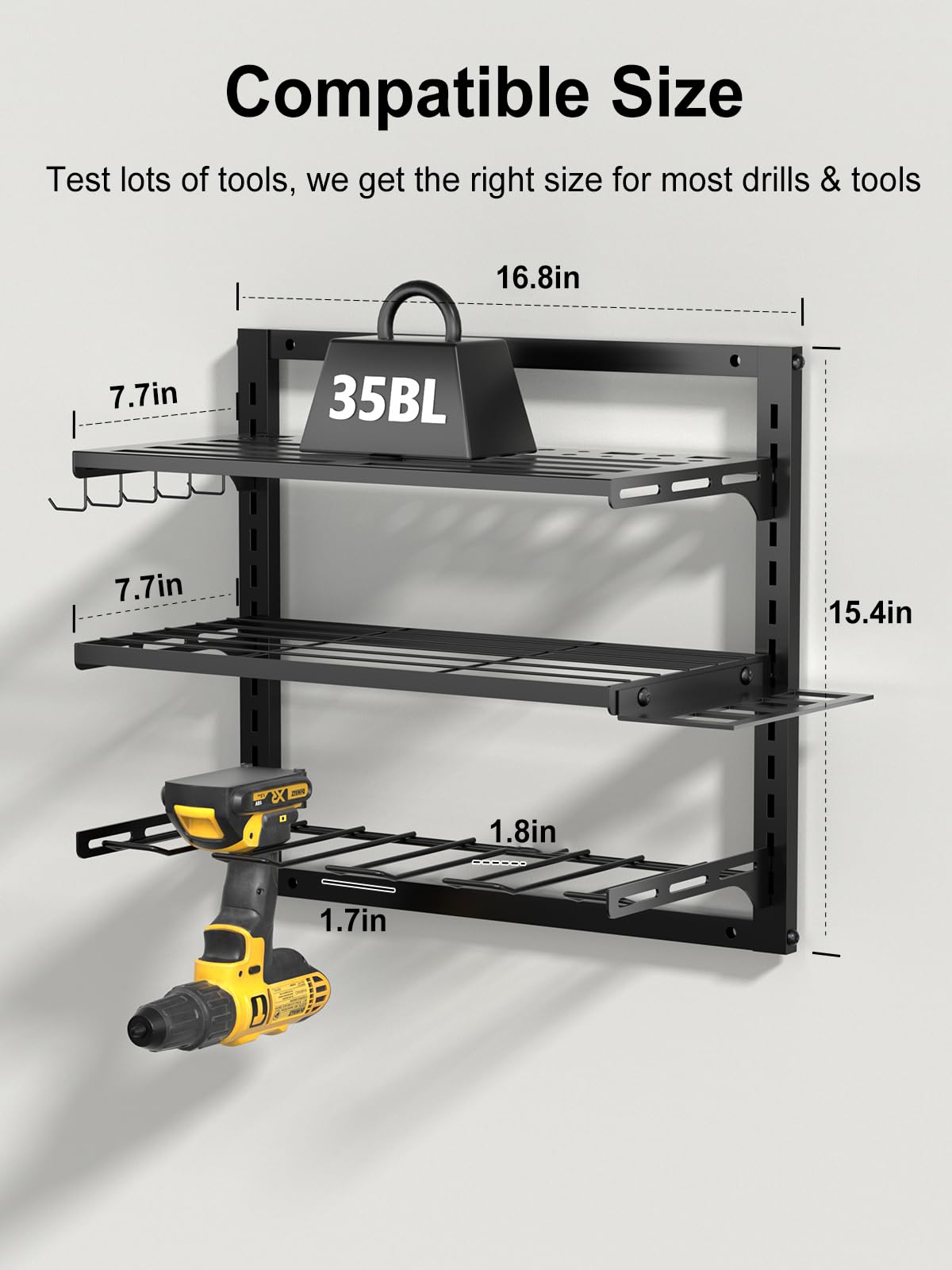 Power Tool Organizer Wall Mount, Tool Storage Rack with 4 Drill Holder, Tool Holder Bears 35lbs, Tool Shelf with Screwdriver, 3-Tier Adjustable Height Tool Rack for Garage Organization and Workshop