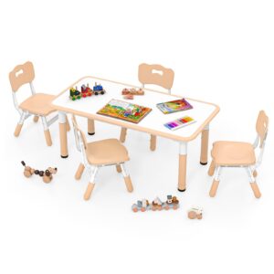 infans kids table and chiar set, height adjustable toddler desk and 4 chairs with graffiti desktop non-slip legs, large 47" l x 23.5" w multi-activity art table for daycare classroom home (natural)