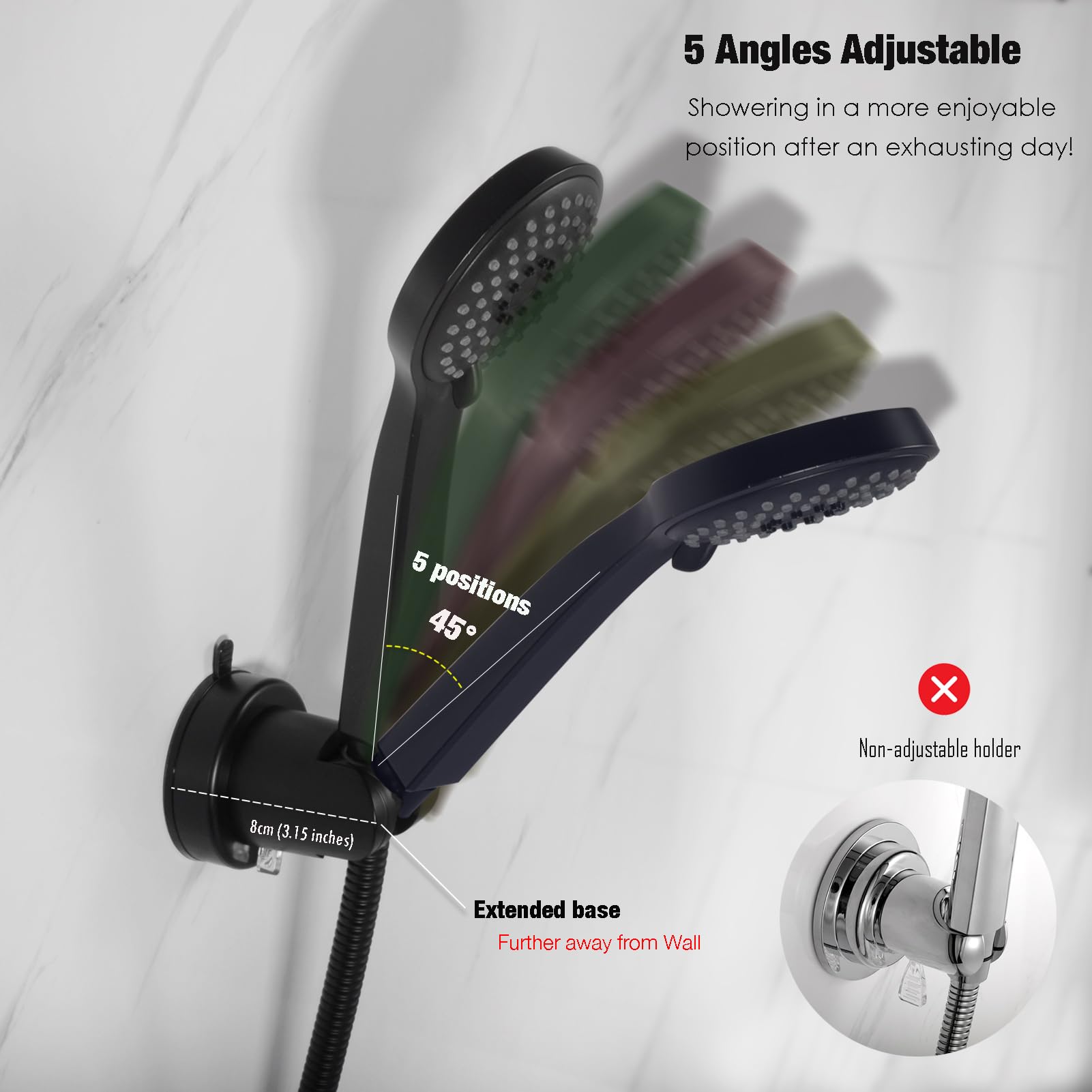 Handle held Shower Head Holder Suction Cup - Retachable - 5 Positions Adjustable - Bathroom Wall Mounted Shower Hose Holder - (Matte Black)