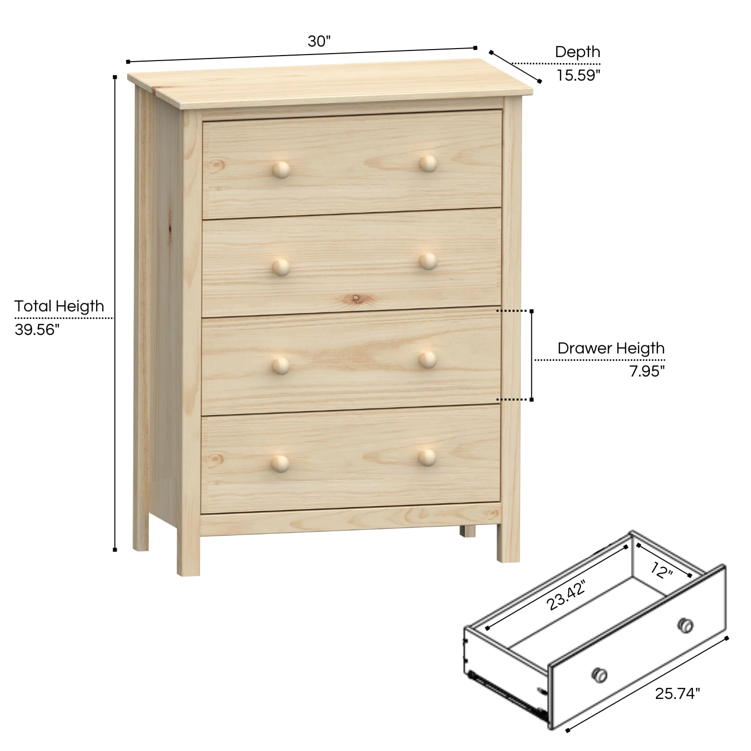 From the Tree Furniture Chest 4 Drawer 30" Solid Wood Unfinished - Ample Storage with Beach Charm for Any Space