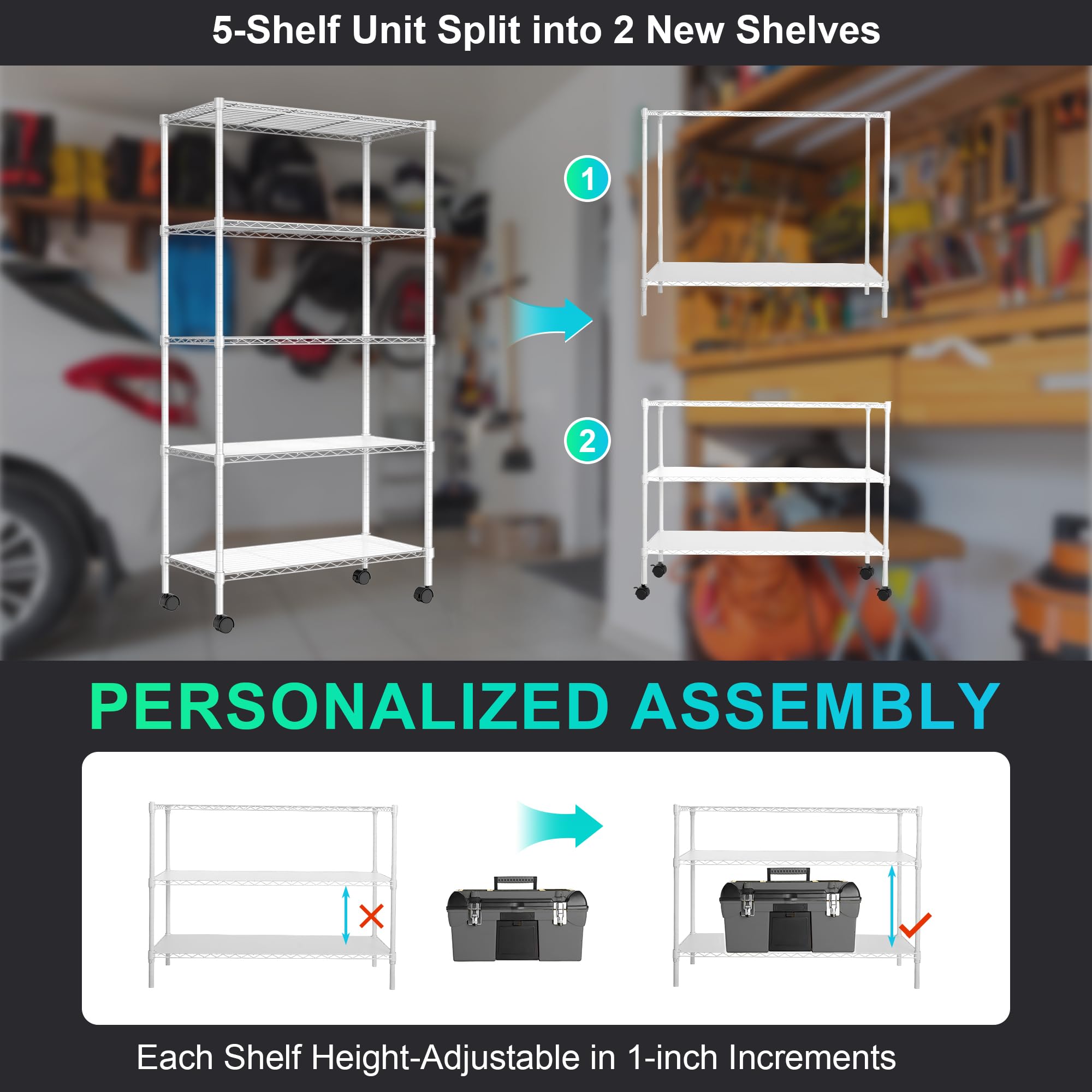 Dolonm 5 Tier Wire Shelving Unit, 750 LBS NSF Storage Shelf, 14"D x 30"W x 60"H, Kitchen Shelf with Liners, Garage Storage Shelves with Wheels, Heavy Duty Metal Pantry Racks, Adjustable Shelf, White