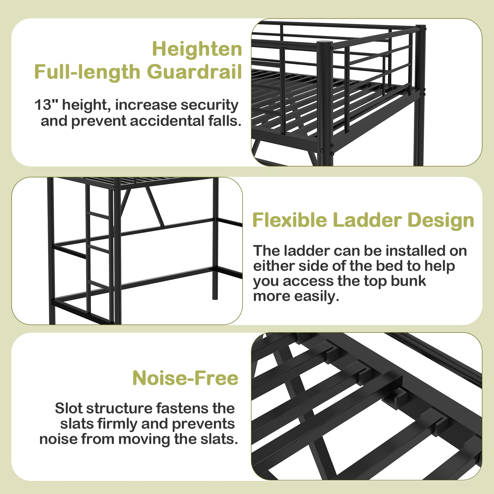 VECELO Loft Bed Twin Size, Metal Bedframe with Removable Ladder and Safety Guardrail, No Box Spring Needed, Space Saving, Noise Free, Black