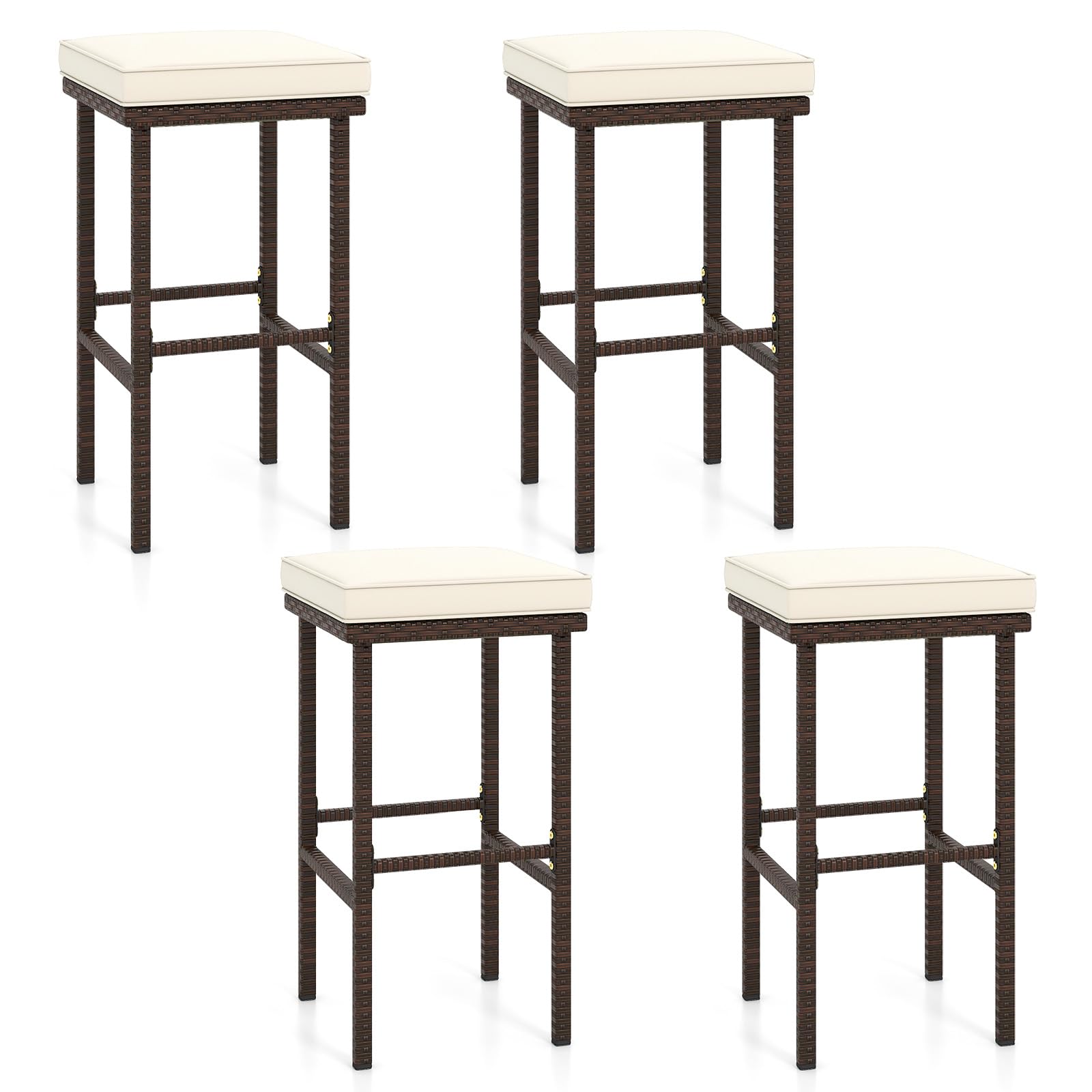 Tangkula Patio Wicker Bar Stools Set of 4, Patiojoy Outdoor Bar Height Chairs w/Seat Cushions & Footrest, Heavy-Duty Metal Frame, 400 lbs Load Bearing, Backless PE Rattan Bar Chairs