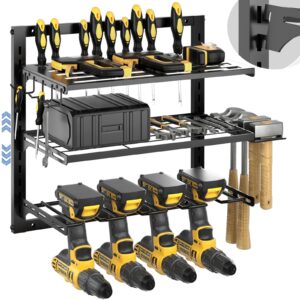 power tool organizer wall mount, tool storage rack with 4 drill holder, tool holder bears 35lbs, tool shelf with screwdriver, 3-tier adjustable height tool rack for garage organization and workshop