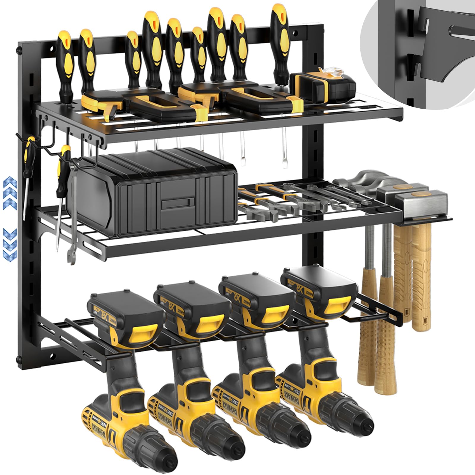 Power Tool Organizer Wall Mount, Tool Storage Rack with 4 Drill Holder, Tool Holder Bears 35lbs, Tool Shelf with Screwdriver, 3-Tier Adjustable Height Tool Rack for Garage Organization and Workshop