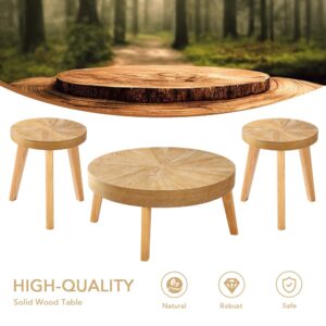 HOKYHOKY Farmhouse Round Coffee Table Set of 3, Boho Sofa Side Nesting Tables End Table Set with Wood Natural Finish for Living Room, Bedroom, Home Office,Natural