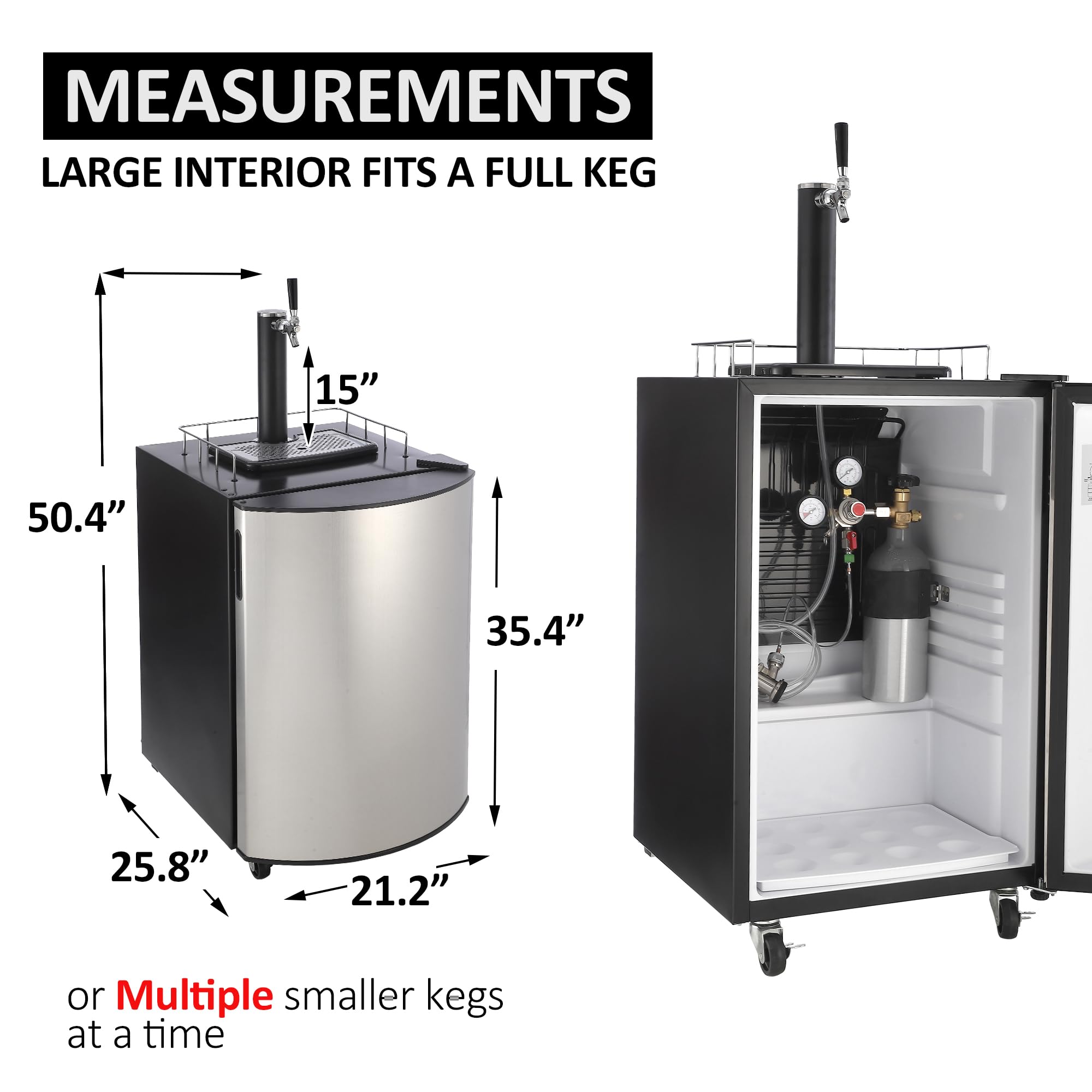 TROPOW Beer Kegerator, Single Tap Draft Beer Dispenser, Full Size Keg Refrigerator With Shelves, Stainless Steel, Drip Tray & Rail,silver, 128L