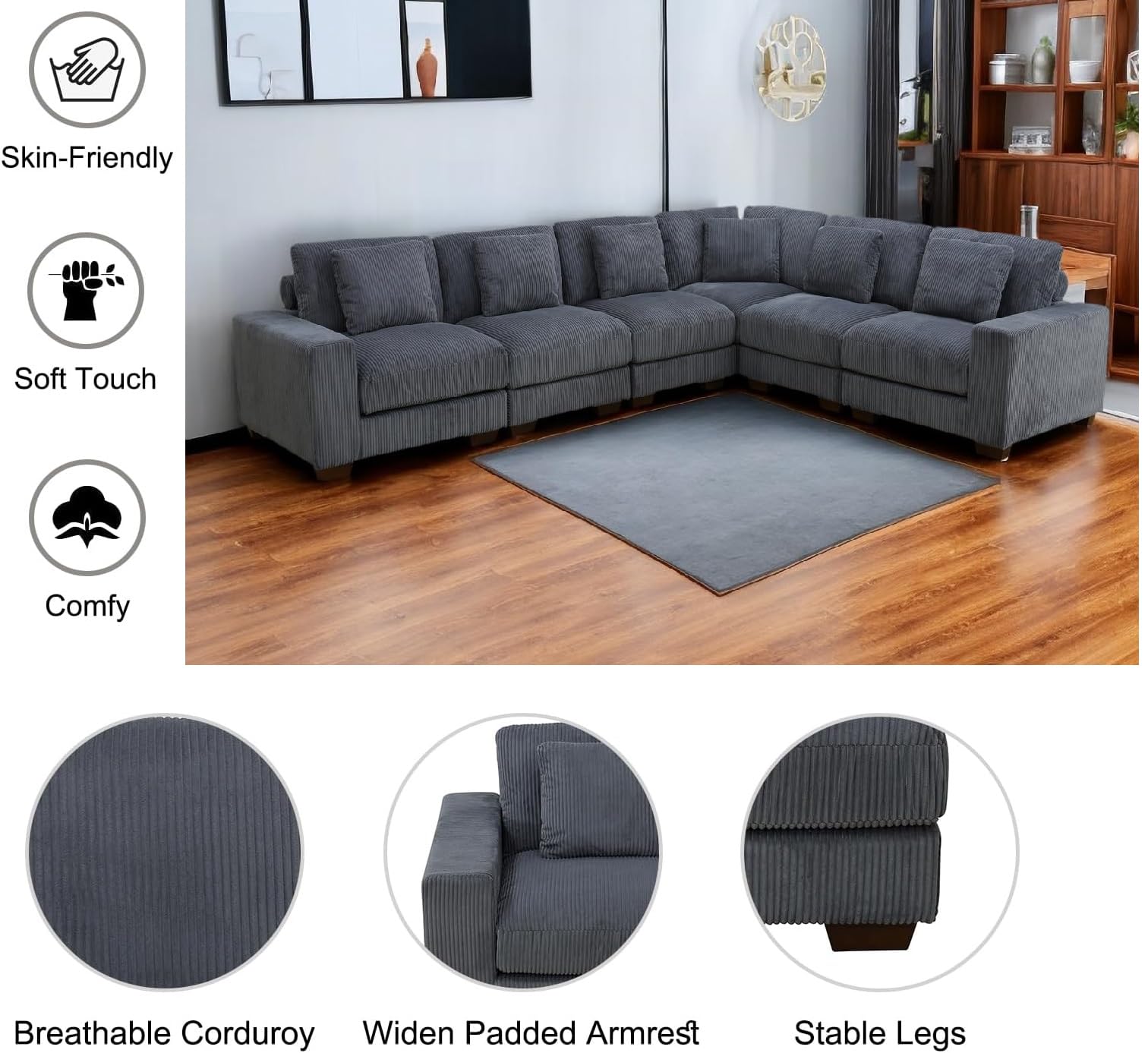 AYCP Customized Oversized Reversible Modular Sofa Couch Set with Adjustable headrest and Ottomans (Dark Grey, L Shape 6pcs)