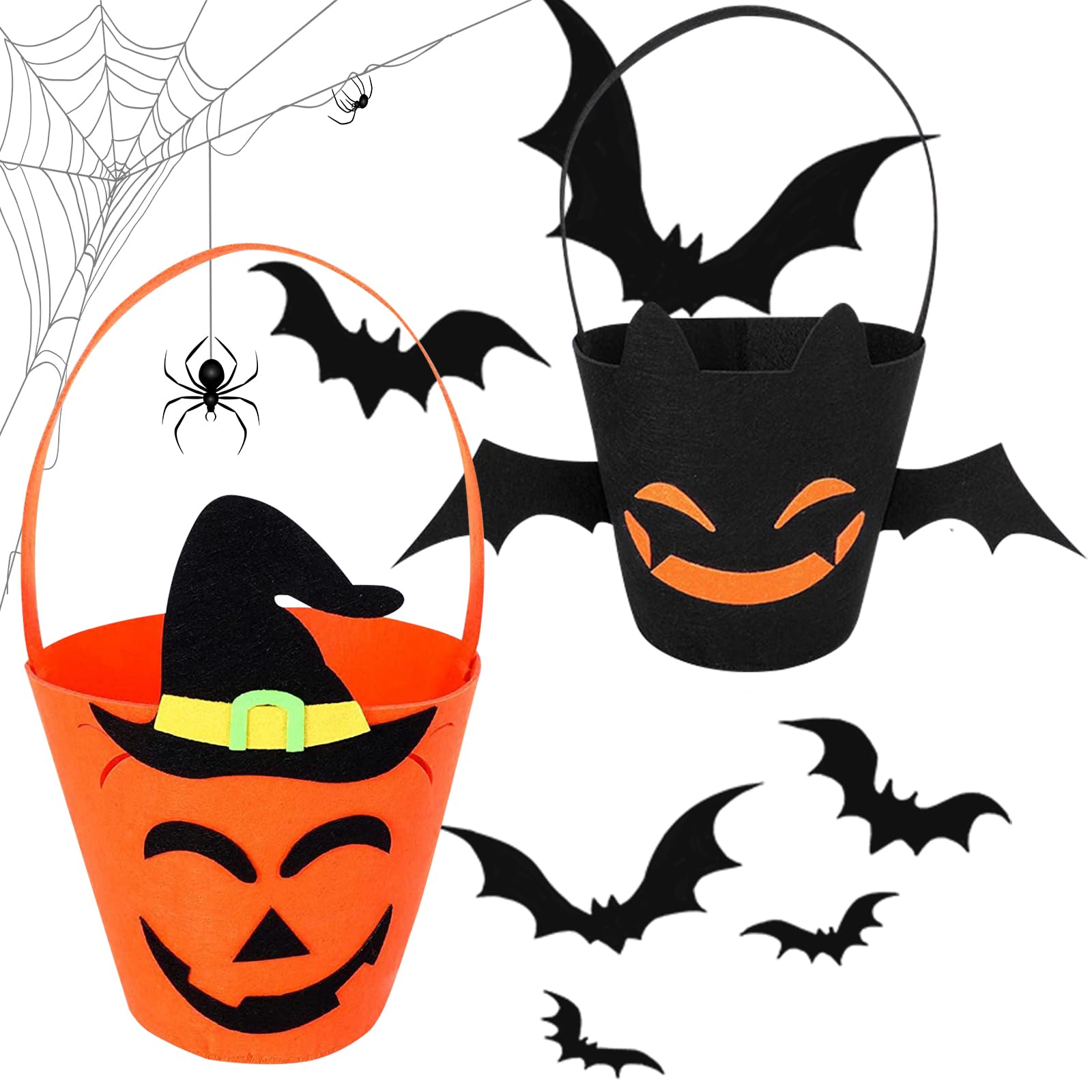 Jremreo 2 Pack Felt Trick-or-Treat Baskets, Pumpkin and Bat Candy Bucket Design, Candy Bags for Kids, Boo Canvas Tote Bags for Halloween Party Favors and Decorations