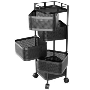 clinmday rotating storage rack for kitchen, 5-tier multi layer removable basket shelf organizer on rolling wheels rolling shelf for fruit vegetable grocery corns potato onion (5-tier, black) black 5-