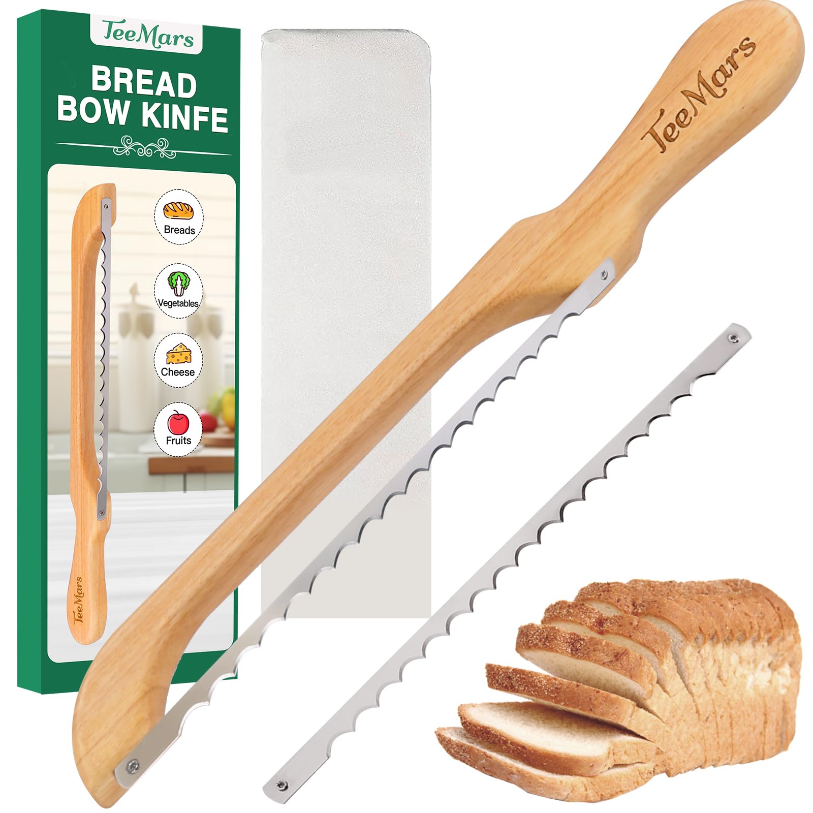 TeeMars Bread Slicer Knife for Homemade Bread, 16.5" Premium Oakwood Serrated Bread Knife with Bow Design, Ergonomics Handle, Solid & Easy to Cut, Stainless Steel, Replacement Blades, Rubber Cover