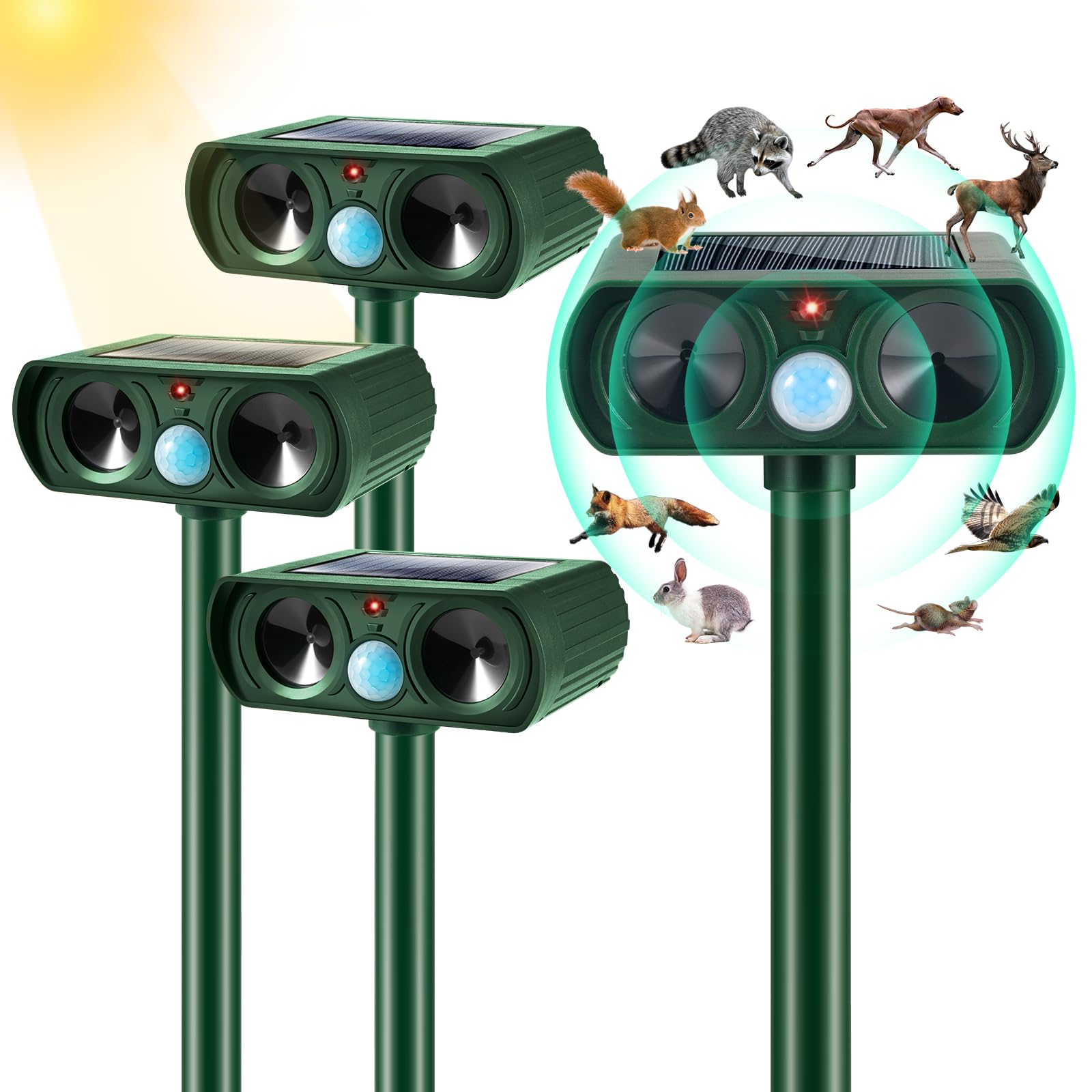 4 Pack Solar Animal Repellent Ultrasonic Cat Repellent Outdoor Deer Repellent Devices with Motion Sensor Animal Deterrent Solar Animal Repeller Keep Squirrel Rabbit Raccoon Skunk Out of Yard(Green)