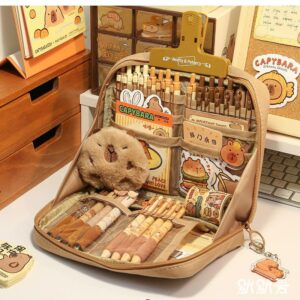 NAPIMICO Cute Capybara Pencil Case with 12 Compartments 90° Wide Opening Mouth Pencil Pouch with Kawaii Pins Plush Cute Stationery (Brown)