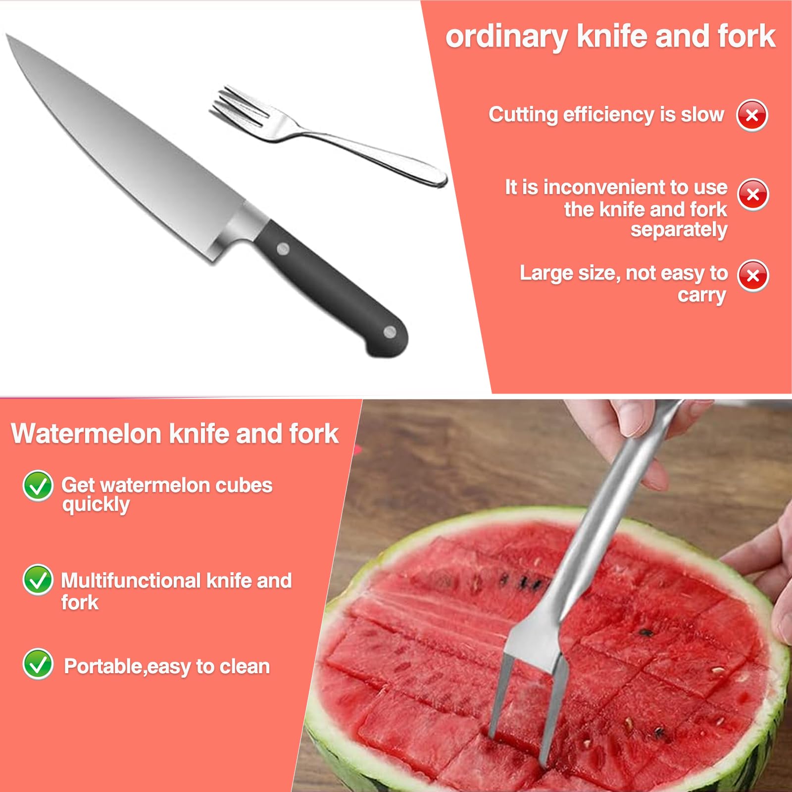 Generic 2-in-1 Stainless Steel Fruit Cutter, 2024 New Upgrade Watermelon Fork Slicer Cutter Slicer Tool, Dual Head Fruit Forks Slicer Knife,Summer Watermelon Fruit Cutting Home Kitchen Gadgets (2Pcs)