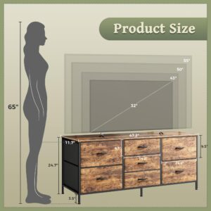 Huuger Dresser with 7 Drawers, 47 Inch Dresser TV Stand for 43, 50, 55 Inch TV, Wide Fabric Dresser Chest of Drawers, Metal Frame, Storage Dresser for Bedroom, Nursery, Clothing, Rustic Brown