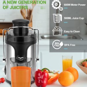 Juicer, 600W Juicer Machine with 3 Inch Wide Chute for Whole Fruits, High Yield Juice Extractor with 3 Speeds, Easy to Clean with Cleaning Brush, Compact Centrifugal Juicer Anti-drip