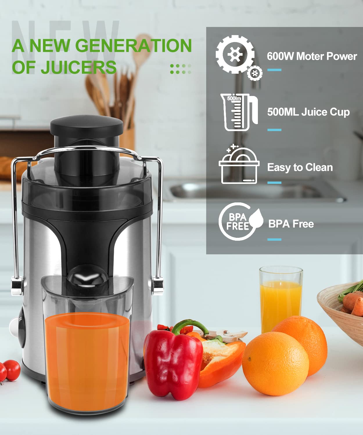 Juicer, 600W Juicer Machine with 3 Inch Wide Chute for Whole Fruits, High Yield Juice Extractor with 3 Speeds, Easy to Clean with Cleaning Brush, Compact Centrifugal Juicer Anti-drip