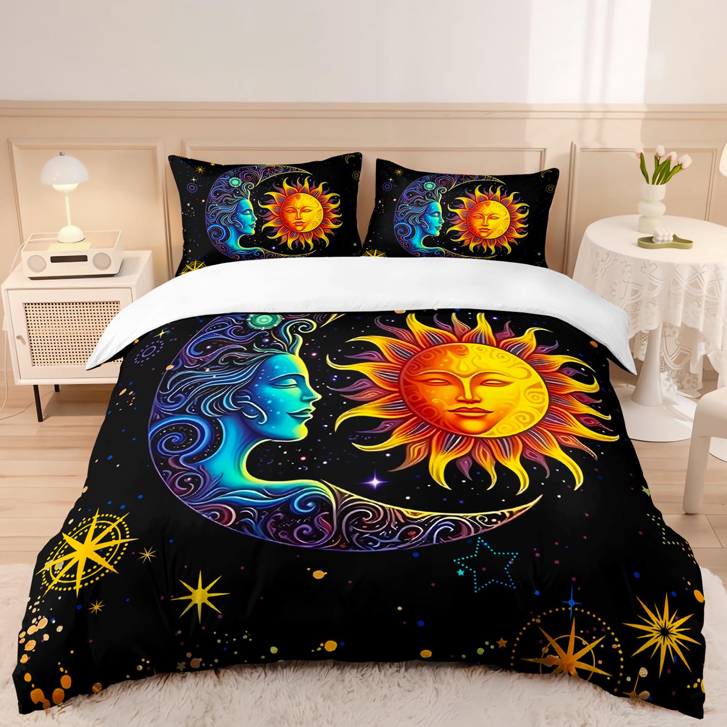 AILONEN Sun and Moon Duvet Cover Set Queen Size, Space Galaxy Boho Exotic Mandala Sun and Moon Comforter Cover Set 3 Pieces,1 Duvet Cover with 2 Pillowcases