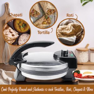 Electric Roti Maker Electric Tortilla Maker 10 Inch Electric Automatic Chapati Maker Stainless Steel Non-Stick Electric Tortilla Press with Removable Handle Can Make Chapati, Tortilla, Roti